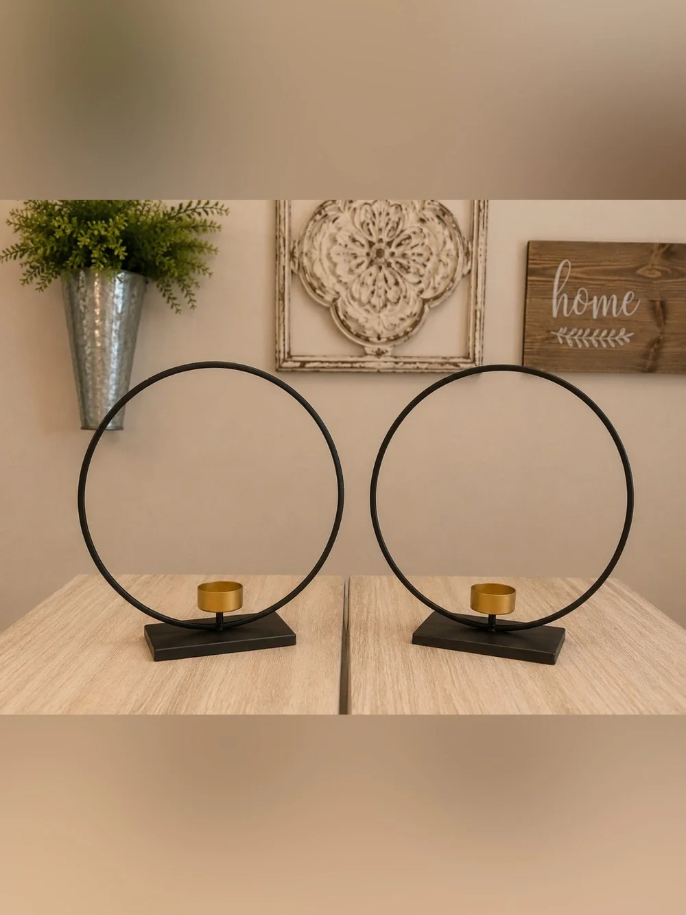 Set of 2 Modern Black Metal Circle Tea Light Candle Holders Gold Accent